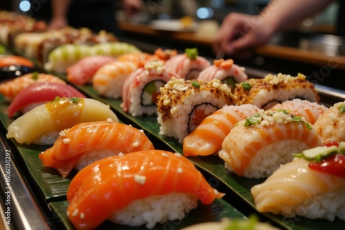 Assortment of sushi displayed on a buffet.