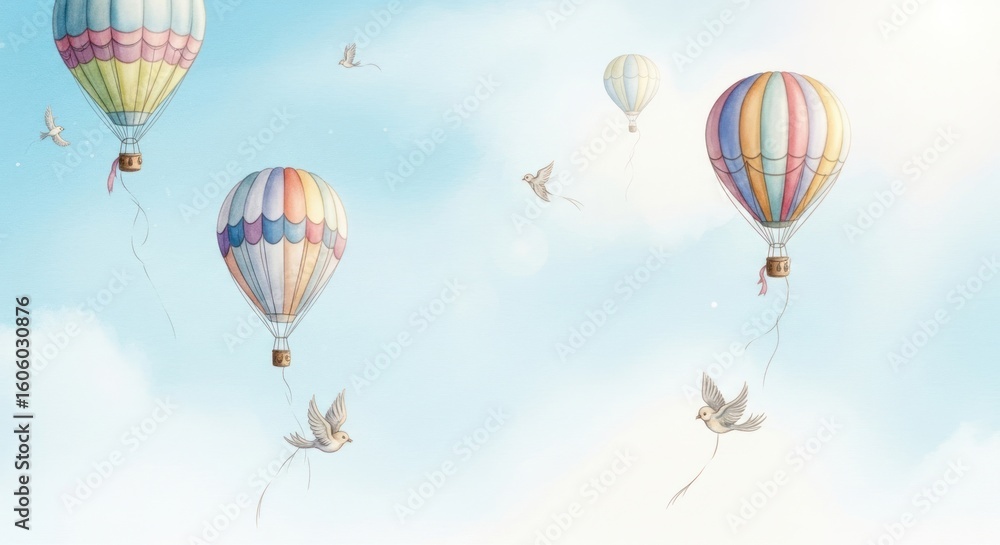 Fototapeta premium Watercolor hot air balloons floating in a dreamy sky with birds
