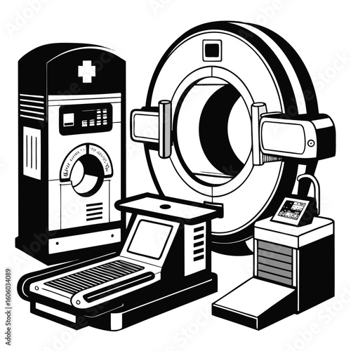 Striking Black and White Illustration of Medical Diagnostic Equipment for Healthcare Facilities and Patient Examinations