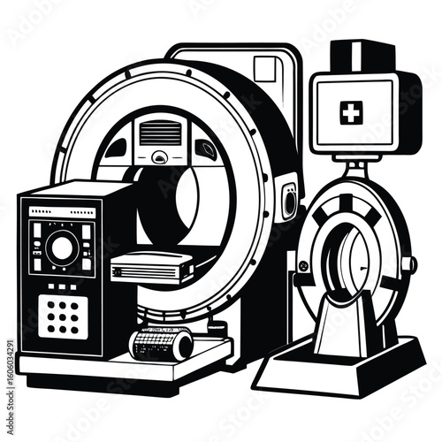Medical Imaging Marvel Depicts Black and White CT Scan Machine