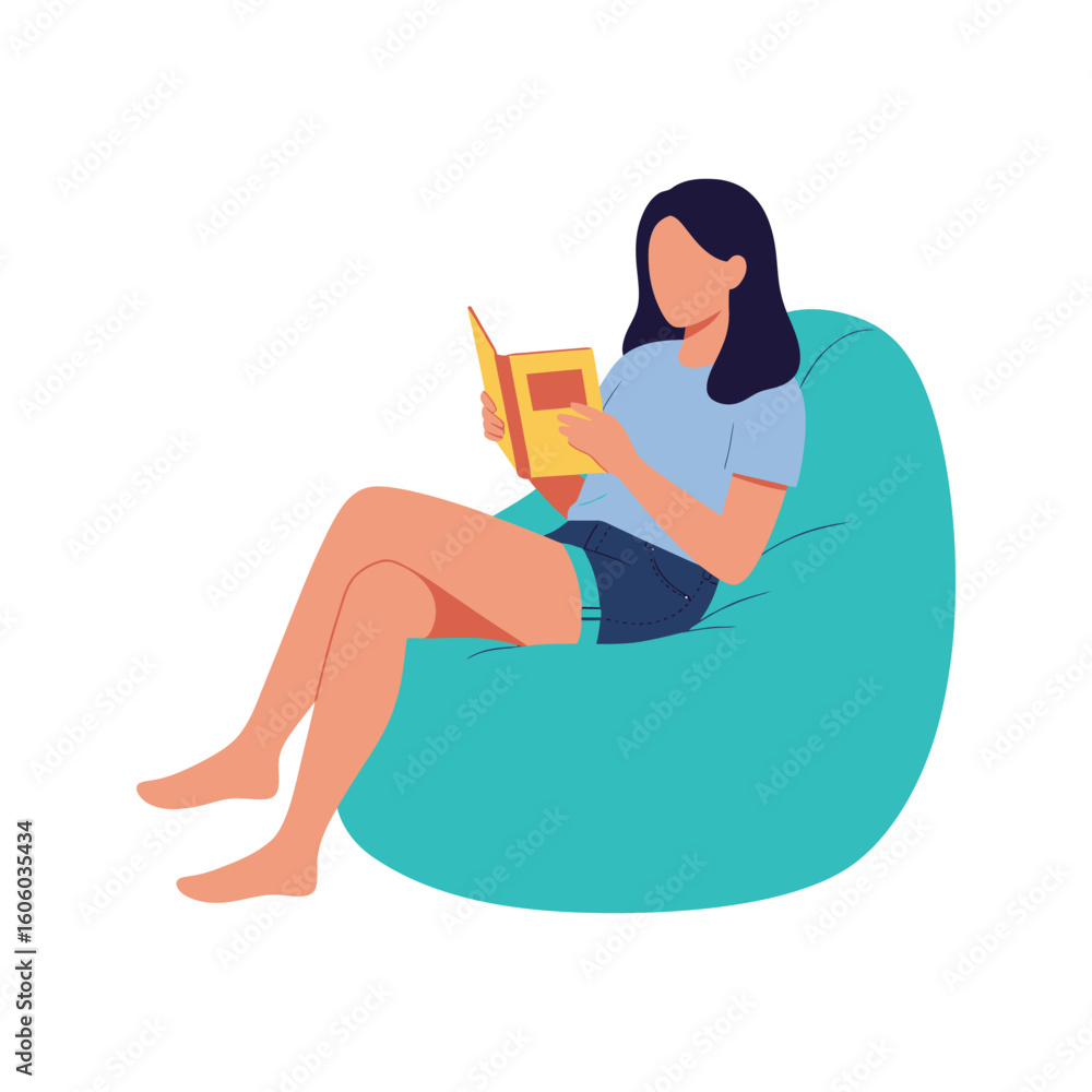 Obraz premium Woman relaxing in beanbag chair reading a book comfortable leisure relaxation home cozy girl