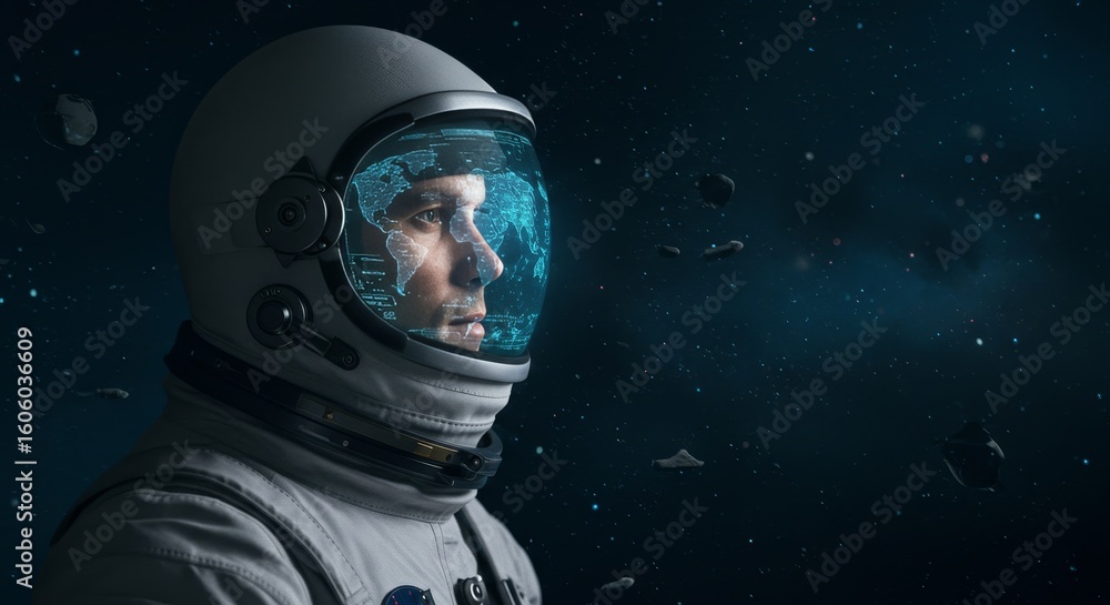 An astronaut's focused gaze amid the stars showcasing technological advancement and human An astronaut's focused gaze amid the stars showcasing technological advancement and human
