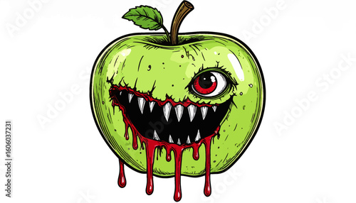 A stylized, sinister green apple with a menacing face, dripping with blood.