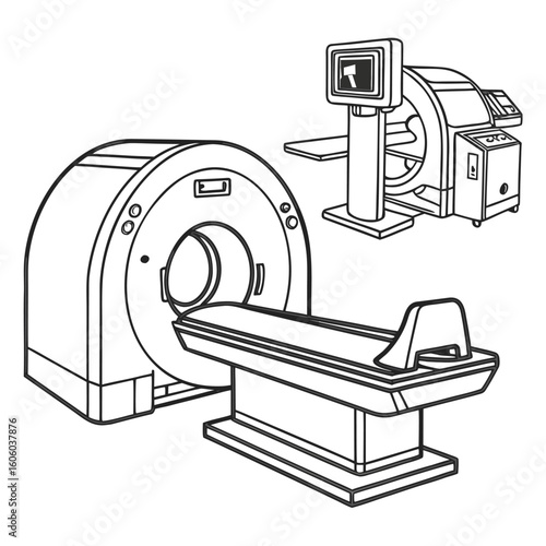 Medical Imaging Equipment Depiction Showing CT Scanner, Operation Console and Patient Table