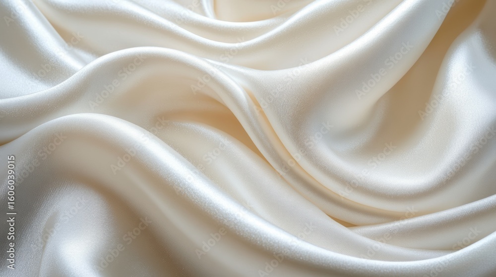 Fototapeta premium Macro view of pure white silk fabric with soft, smooth folds and a glowing sheen, showcasing luxurious quality, minimalist elegance, and refined details suitable for high-end textile backgrounds.