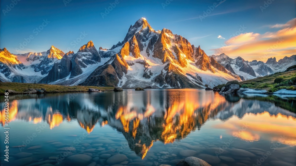 Obraz premium Snow-capped peak of Aiguille du Midi reflected in calm waters of Lac Bleu during golden hour