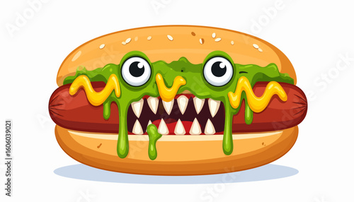 A monstrous hot dog bun with dripping condiments and sharp teeth.