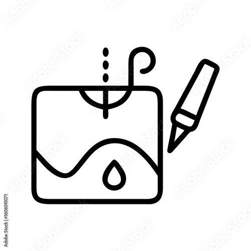 Creative process illustration with drawing tools and a landscape sketch
