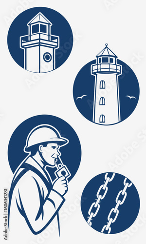 Lighthouse worker chain vector illustrations
