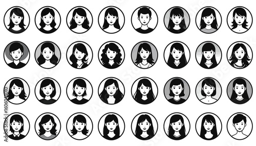 Collection of stylized female portraits in various hairstyles, displayed in circular frames.