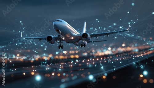 Airplane taking off over city lights at night