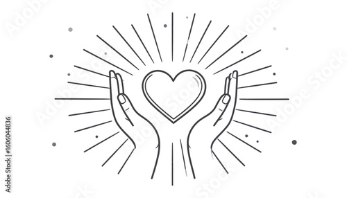 Two hands cradling a heart with radiating lines, a symbol of love and care.