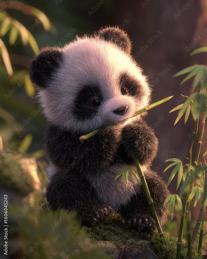 Obraz premium Baby panda eating bamboo in a lush forest setting