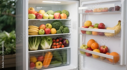 Open refrigerator full of fresh fruits inside a kitchen