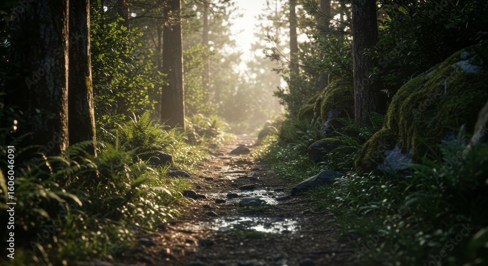 Fototapeta premium Golden Light on Forest Floor with Water Trail