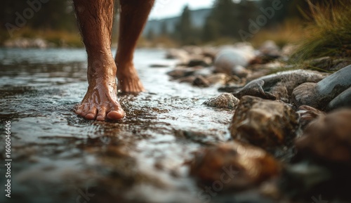 Bare feet in clear stream surrounded by rocks and forest
