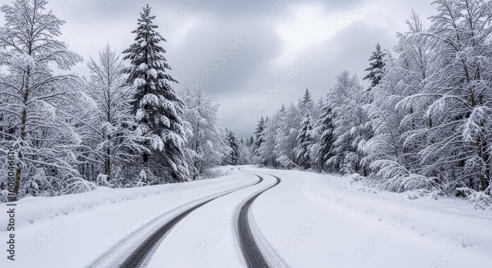 Obraz premium Snow-Covered Winding Road Through a Dense Pine Forest in Winter