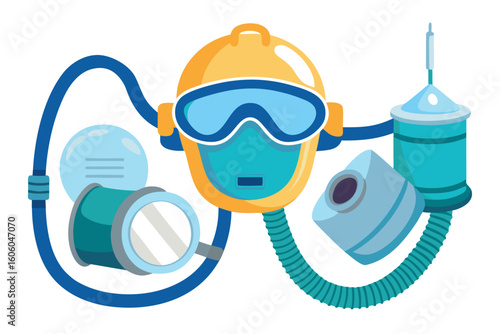 Cartoonish Illustration of Underwater Scuba Diving Gear and Oxygen Tank