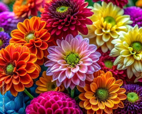 Vibrant bouquet of colorful dahlia flowers in full bloom showcasing diverse textures and hues