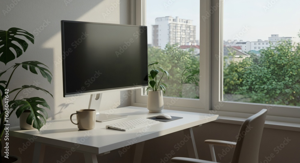 Fototapeta premium Modern home office workspace featuring a clean white desk with a large computer monitor, coffee mug, and plants by a sunlit window.