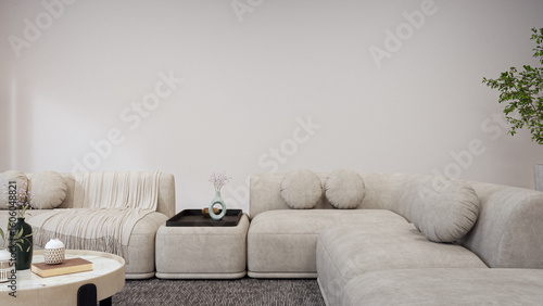 Sofa and carpet with empty white concrete wall background. Relaxing area in bright living room of modern house. Home interior 3d illustration