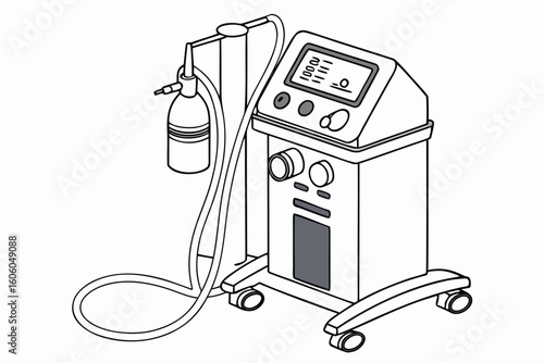 Detailed Line Art Illustration of a Medical Ventilator Machine for Respiratory Support and Intensive Care