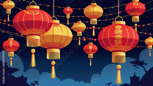 Festive vector illustration of traditional red and gold Chinese lanterns hanging on strings against a dark night sky, perfect for celebrating Lunar New Year, Mid-Autumn Festival, or Lantern Festival.
