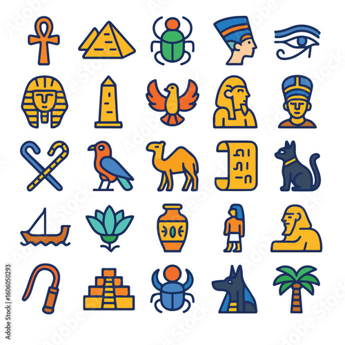 Discover ancient Egypt with iconic symbols like pyramids, pharaohs, hieroglyphs, and scarabs.