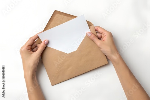a pair of hands holding an open brown envelope with a blank white card or letter inside, placed against a plain white background.