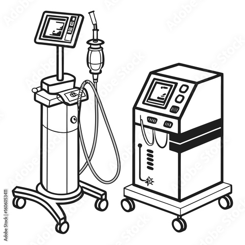 Illustration of Medical Equipment Depicting Ventilator and Infusion Pump Machine for Healthcare
