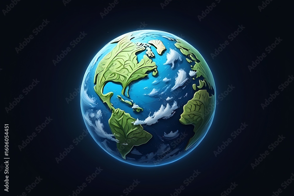 Fototapeta premium Stylized earth globe with continents and clouds against a dark background representing our planet