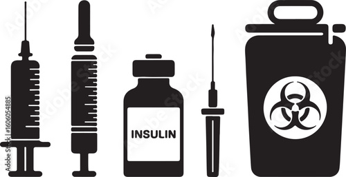 Injection and Insulin Icon Set – Syringes, Needles, and Biohazard Disposal