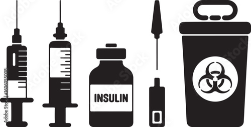 Injection and Insulin Icon Set – Syringes, Needles, and Biohazard Disposal