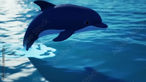 Dark blue dolphin leaping from the blue ocean water, with sunlight in the distance