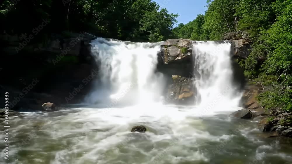 A powerful waterfall flows between rocks and lush green forest in scenic nature A powerful waterfall flows between rocks and lush green forest in scenic nature