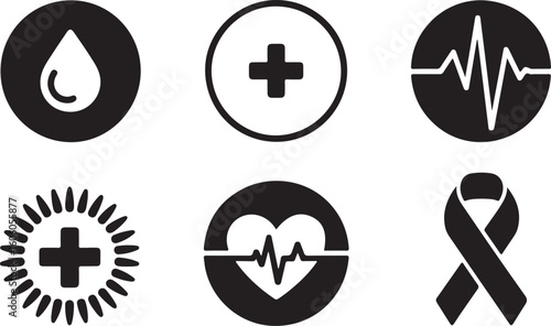 Healthcare & Awareness Icons Set – Medical, Heartbeat, and Ribbon Symbols