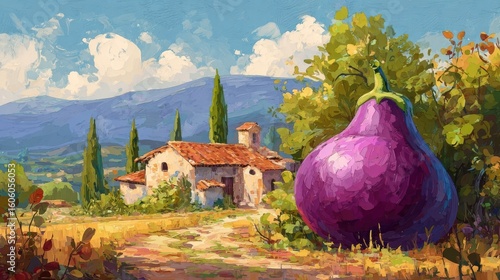 Vibrant Landscape with Oversized Purple Fig and Rustic Cottage