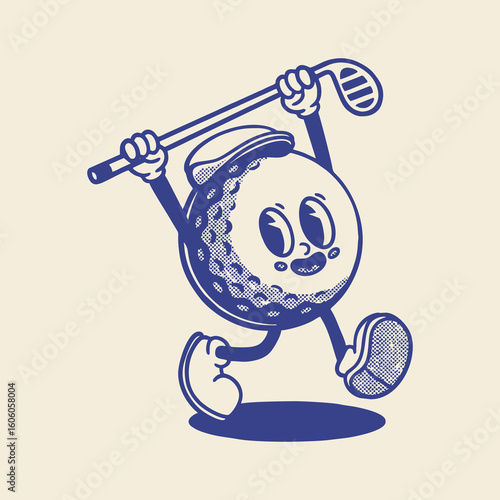 Groovy golf sport ball character in retro cartoon. Mascot, vector, icon, colection, sticker, vintage, illustration, set, funny, logo, comic, vintage, line art, logo