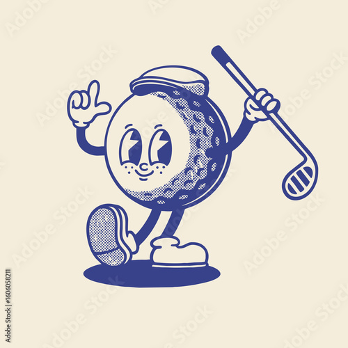 Groovy golf sport ball character in retro cartoon. Mascot, vector, icon, colection, sticker, vintage, illustration, set, funny, logo, comic, vintage, line art, logo