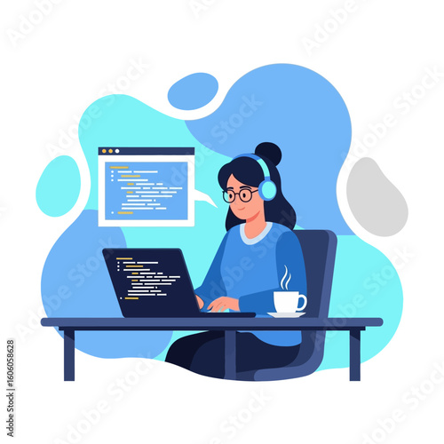 A female programmer with headphones and glasses is coding on a laptop at her desk with a cup of coffee.