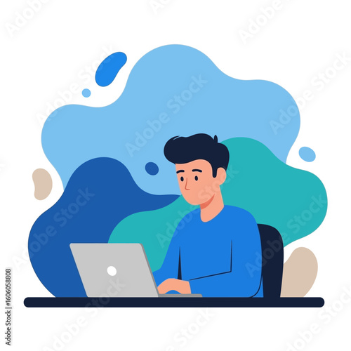 A young man sits at a desk, focused on working or studying on his laptop computer.