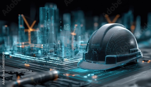 Construction helmet over digital city blueprint technology concept
