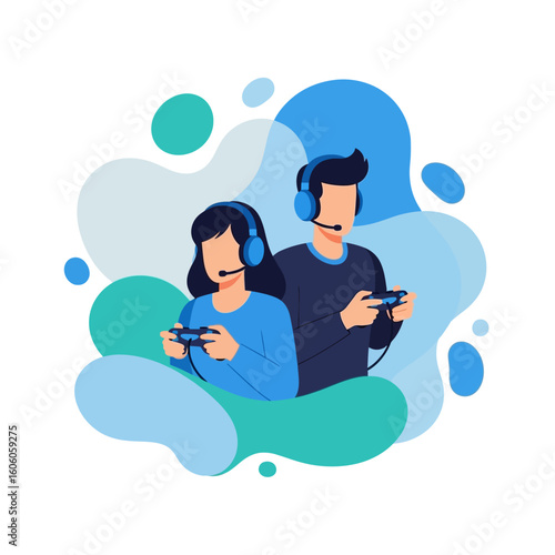 A young man and woman wearing headsets with microphones play video games together with controllers.