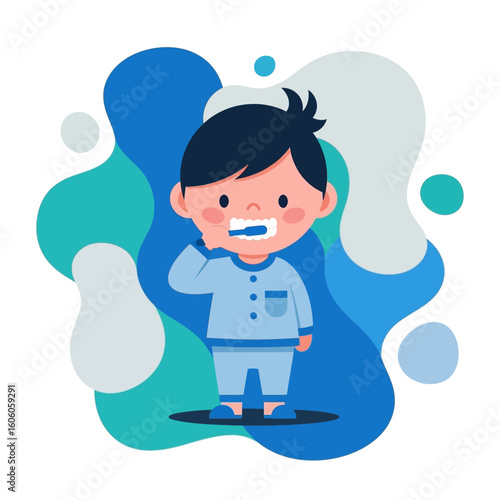 An adorable cartoon boy in pajamas diligently brushes his teeth against a blue abstract background.