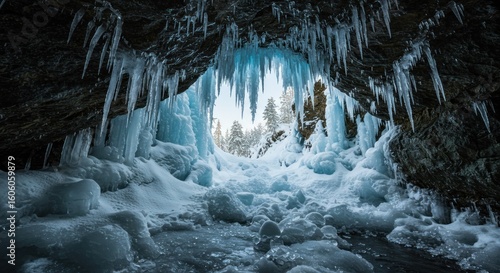 Majestic Ice Cave Entrance: Winter Wonderland with Icicles and Snow