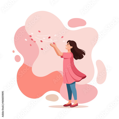 Joyful young woman in a pink dress tossing flower petals against an abstract background.
