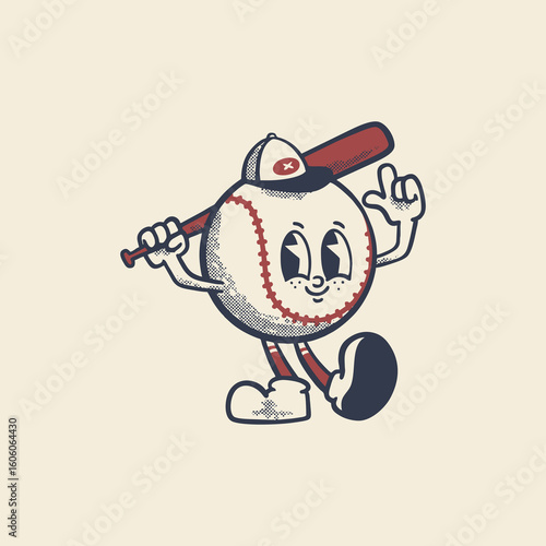 Groovy baseball sport ball character in retro cartoon. Mascot, vector, icon, colection, sticker, vintage, illustration, set, funny, logo, comic