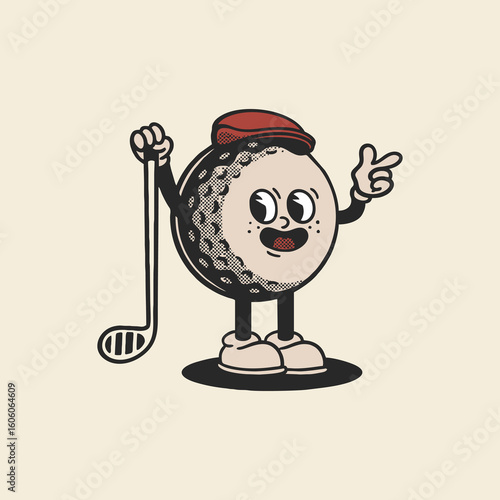 Groovy golf sport ball character in retro cartoon. Mascot, vector, icon, colection, sticker, vintage, illustration, set, funny, logo, comic