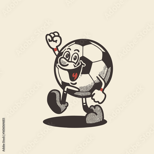 Groovy Soccer sport ball character in retro cartoon. Mascot, vector, icon, colection, sticker, vintage, illustration, set, funny, logo, comic, football