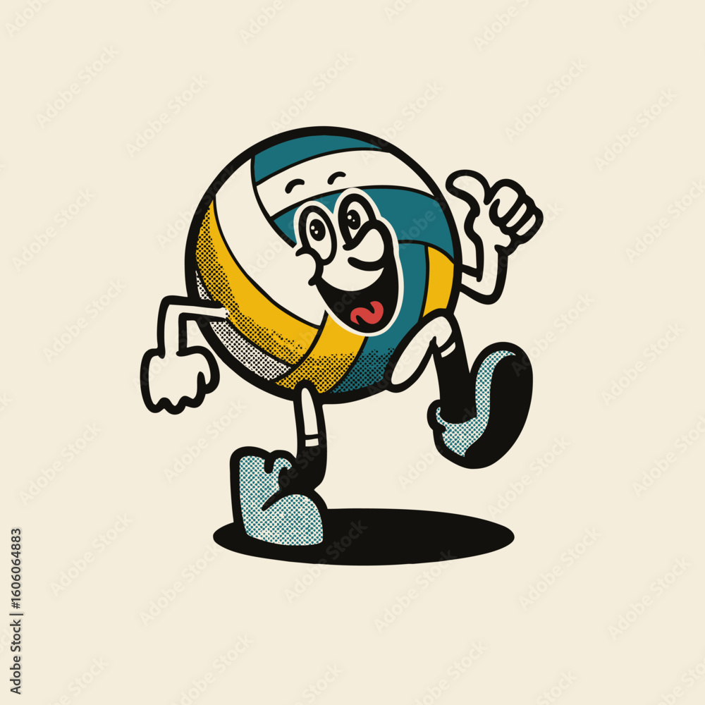 Naklejka premium Groovy volley ball sport character in retro cartoon. Mascot, vector, collection, sticker, icon, vintage, illustration, set, funny, comic, logo